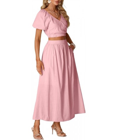 Women’s 2 Pieces Outfit Puff Short Sleeve Crop Top High Waist Flowy Maxi Skirt Set Pink $25.29 Suits