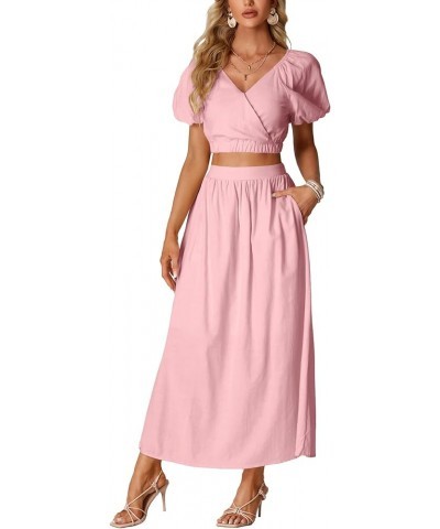 Women’s 2 Pieces Outfit Puff Short Sleeve Crop Top High Waist Flowy Maxi Skirt Set Pink $25.29 Suits