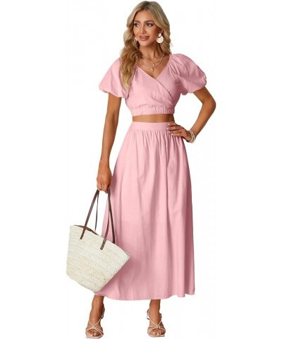 Women’s 2 Pieces Outfit Puff Short Sleeve Crop Top High Waist Flowy Maxi Skirt Set Pink $25.29 Suits