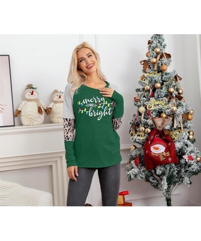 Christmas T Shirt Womens Merry and Bright Shirt Xmas Leopard Print Tree T-Shirt Holiday Graphic Tee Tops Green5 $10.93 T-Shirts