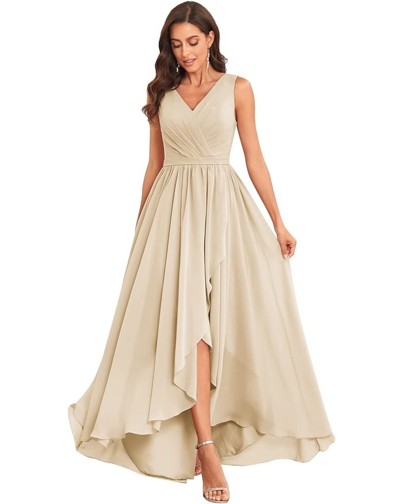 V Neck Bridesmaid Dresses Long for Women with Pockets A Line Chiffon Formal Evening Gowns Champagne $25.85 Dresses