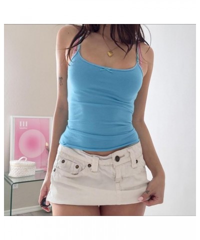 Women Y2k Contrast Lace Trim Crop Cami Tank Top Sexy Vintage Spaghetti Strap Camisole Summer Streetwear C-lake Blue $10.91 Tanks