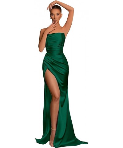 Women's Strapless Bridesmaid Dresses with Slit Pleated Long Mermaid Satin Formal Gown Prom Dress 2024 Emerald Green $32.99 Dr...