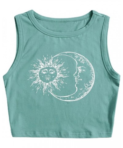 Women's Casual Sleeveless Graphic Cropped Top Crewneck Tank Top Shirts Green Sun $9.46 Tanks