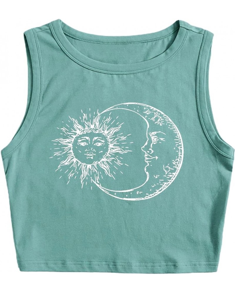 Women's Casual Sleeveless Graphic Cropped Top Crewneck Tank Top Shirts Green Sun $9.46 Tanks