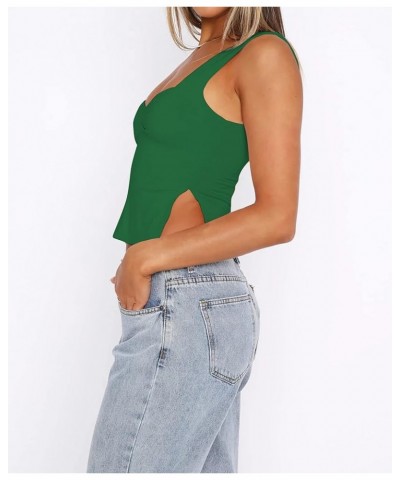 Women's Sleeveless Slim Crop Tank Top Sexy Pleated Bustier Sweetheart Neck Strappy Slits Cropped Vest Cami Green $10.25 Tanks