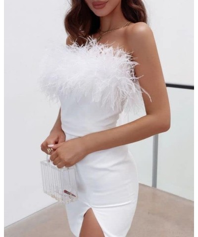 Women Strapless Ruched Mini Dress Sexy Backless Tube Top Off Shoulder Bodycon Dresses Club Party Short Dress Feather White $1...