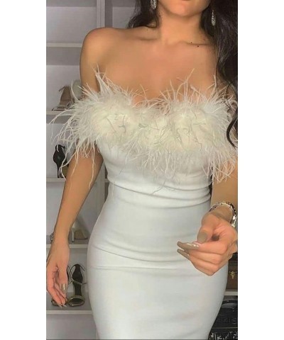 Women Strapless Ruched Mini Dress Sexy Backless Tube Top Off Shoulder Bodycon Dresses Club Party Short Dress Feather White $1...