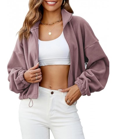 Women Full Zip Fleece Short Jacket Sweatshirt Fall Stand Collar Long Sleeve Sherpa Crop Coat Dustypink $9.66 Jackets