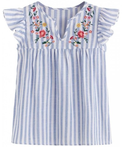 Women's Floral Embroidered V Neck Ruffle Cap Sleeve Peplum Blouse Top Blue White $10.19 Blouses