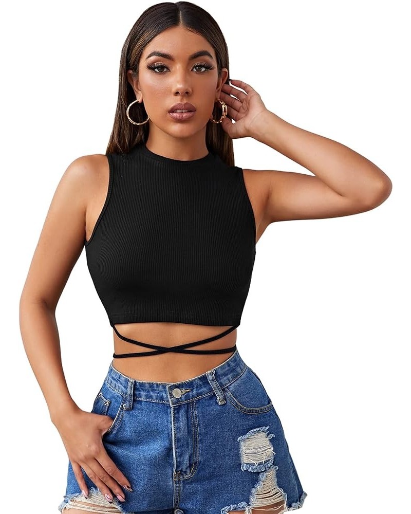 Women's Crisscross Tie Back Crop Top Sleeveless Round Neck Tank Tops Black $6.04 Tanks