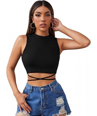 Women's Crisscross Tie Back Crop Top Sleeveless Round Neck Tank Tops Black $6.04 Tanks