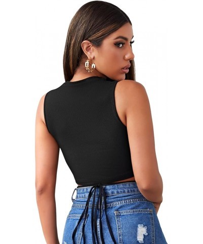 Women's Crisscross Tie Back Crop Top Sleeveless Round Neck Tank Tops Black $6.04 Tanks