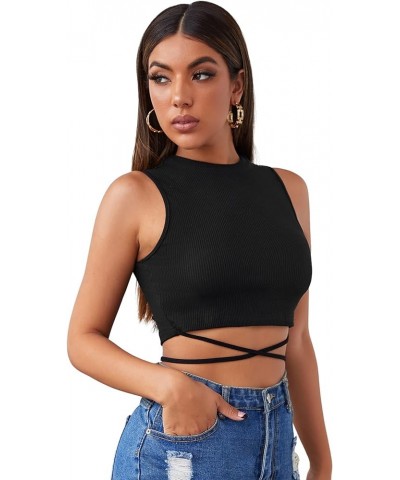 Women's Crisscross Tie Back Crop Top Sleeveless Round Neck Tank Tops Black $6.04 Tanks