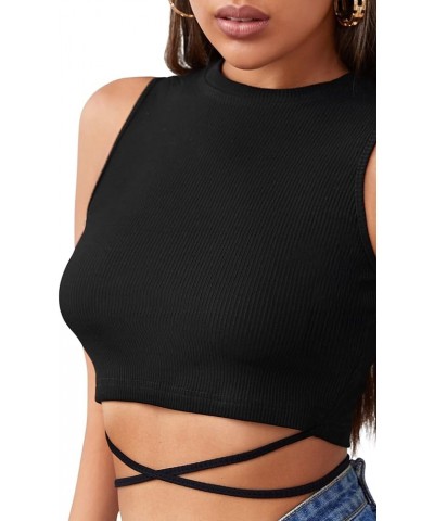 Women's Crisscross Tie Back Crop Top Sleeveless Round Neck Tank Tops Black $6.04 Tanks