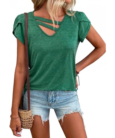 Womens Petal Sleeve Tops Summer Short Sleeve V Neck Cut Out Tee Sexy Casual Basic T Shirts Blouses Green $12.32 T-Shirts