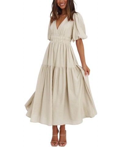 Women's Deep V Neck Puff Short Sleeve Tiered Dress Elastic High Waist Flowy A Line Midi Dresses Apricot $19.49 Dresses