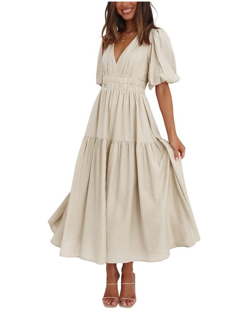 Women's Deep V Neck Puff Short Sleeve Tiered Dress Elastic High Waist Flowy A Line Midi Dresses Apricot $19.49 Dresses