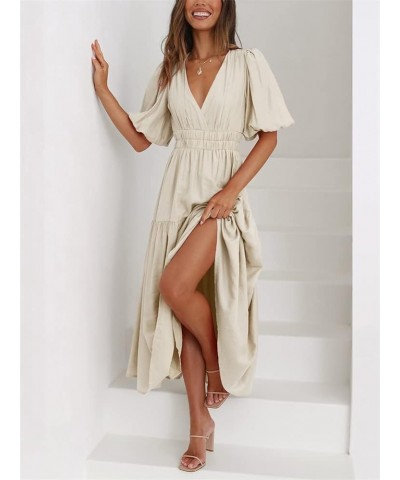 Women's Deep V Neck Puff Short Sleeve Tiered Dress Elastic High Waist Flowy A Line Midi Dresses Apricot $19.49 Dresses