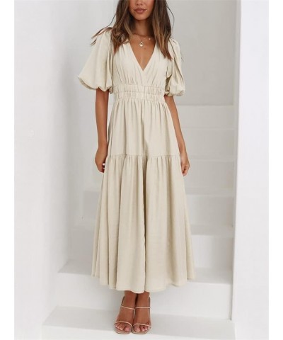 Women's Deep V Neck Puff Short Sleeve Tiered Dress Elastic High Waist Flowy A Line Midi Dresses Apricot $19.49 Dresses