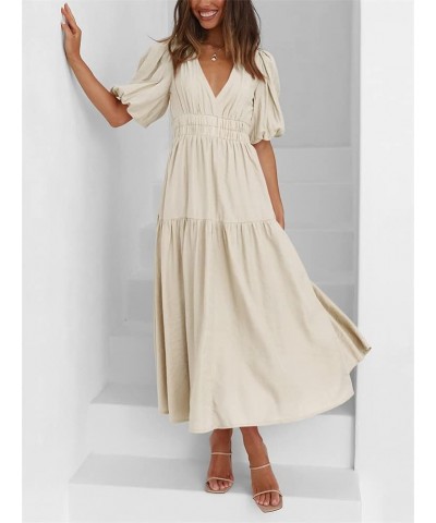 Women's Deep V Neck Puff Short Sleeve Tiered Dress Elastic High Waist Flowy A Line Midi Dresses Apricot $19.49 Dresses