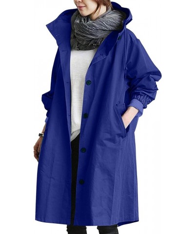 Women's Hooded Trench Coat Single Breasted Long Sleeve Overcoat Casual Long Jacket Windbreaker Coats Outerwear Blue $9.29 Coats