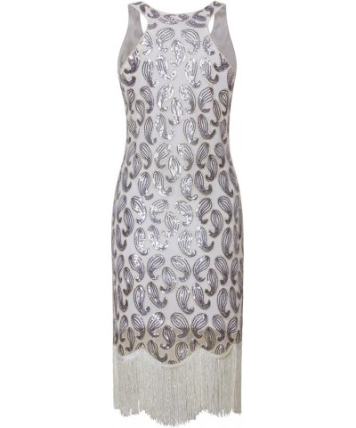 Women's 1920s Vintage Embellished Sequin Beaded Flapper Evening Dress Silver White $34.64 Dresses