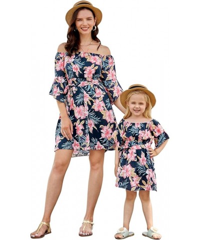 Mommy and Me Dresses Casual Floral Off The Shoulder Ruffler Sleeve A Line Dress Nave Blue2 $12.97 Dresses