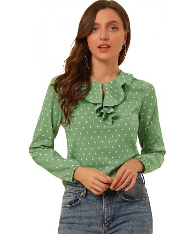 Women's Ruffle Neck Chiffon Top Long Sleeve Vintage Work Office Blouse Green-dots $16.81 Blouses