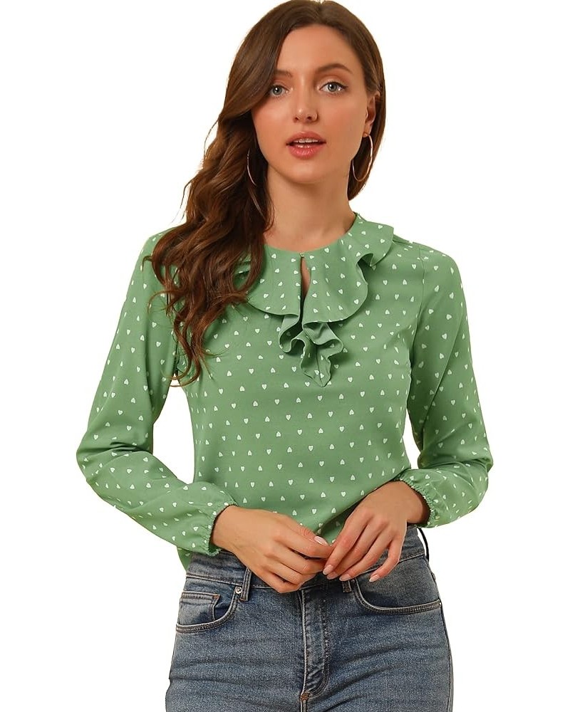 Women's Ruffle Neck Chiffon Top Long Sleeve Vintage Work Office Blouse Green-dots $16.81 Blouses