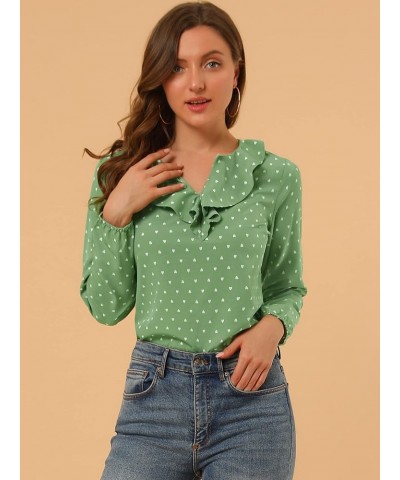 Women's Ruffle Neck Chiffon Top Long Sleeve Vintage Work Office Blouse Green-dots $16.81 Blouses