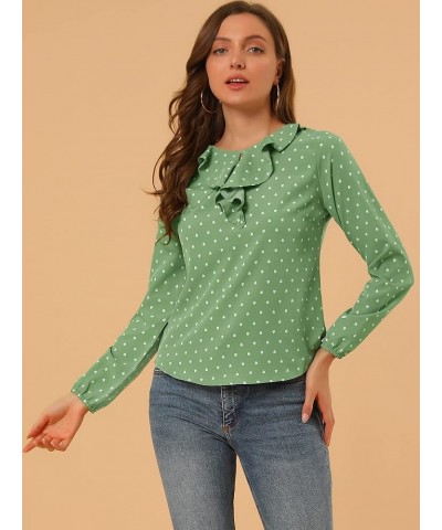 Women's Ruffle Neck Chiffon Top Long Sleeve Vintage Work Office Blouse Green-dots $16.81 Blouses