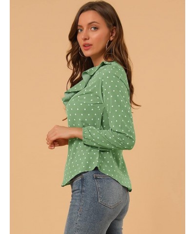 Women's Ruffle Neck Chiffon Top Long Sleeve Vintage Work Office Blouse Green-dots $16.81 Blouses