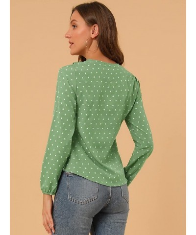 Women's Ruffle Neck Chiffon Top Long Sleeve Vintage Work Office Blouse Green-dots $16.81 Blouses