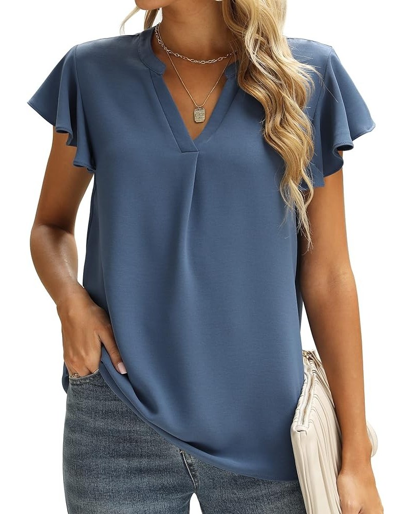 Women Summer Casual Split V Neckline Chiffon Blouses Loose Tunic Short Sleeve Tops 03-blue $11.79 Blouses