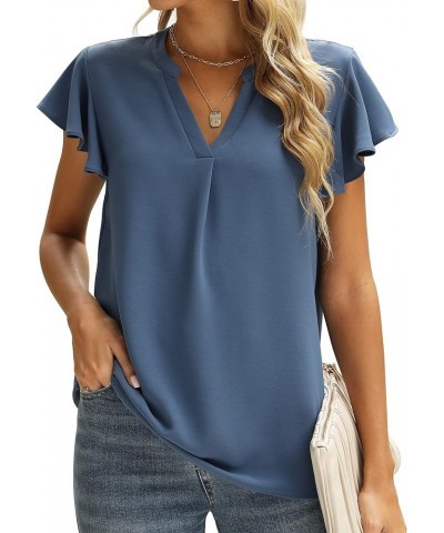 Women Summer Casual Split V Neckline Chiffon Blouses Loose Tunic Short Sleeve Tops 03-blue $11.79 Blouses