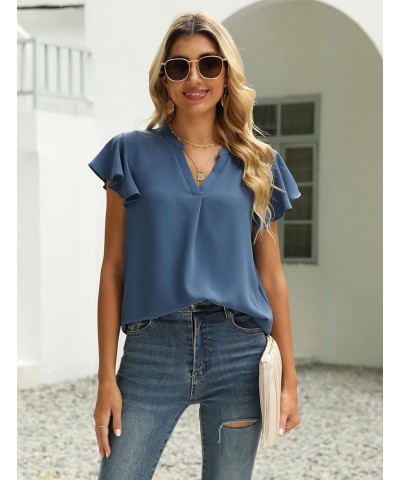 Women Summer Casual Split V Neckline Chiffon Blouses Loose Tunic Short Sleeve Tops 03-blue $11.79 Blouses