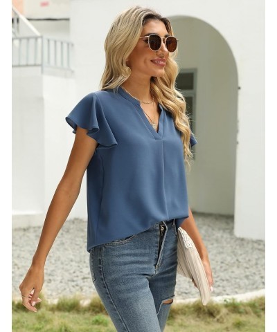 Women Summer Casual Split V Neckline Chiffon Blouses Loose Tunic Short Sleeve Tops 03-blue $11.79 Blouses