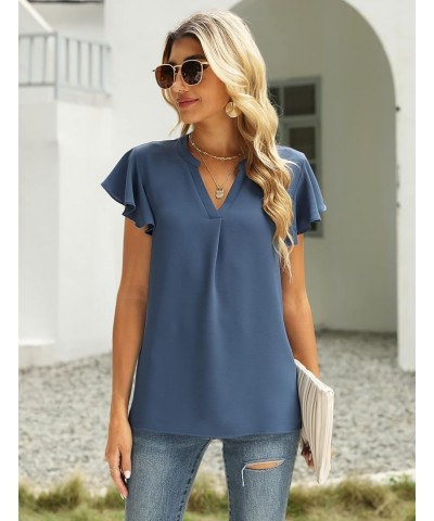 Women Summer Casual Split V Neckline Chiffon Blouses Loose Tunic Short Sleeve Tops 03-blue $11.79 Blouses