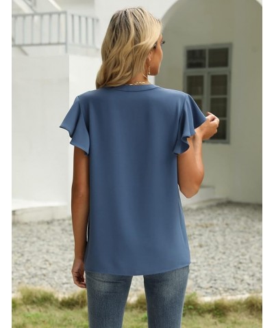 Women Summer Casual Split V Neckline Chiffon Blouses Loose Tunic Short Sleeve Tops 03-blue $11.79 Blouses