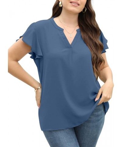 Women Summer Casual Split V Neckline Chiffon Blouses Loose Tunic Short Sleeve Tops 03-blue $11.79 Blouses