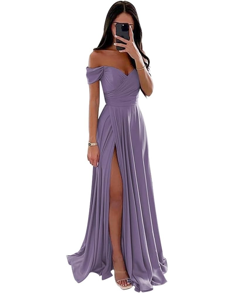 Off-Shoulder Prom Dresses Satin - Bridesmaid Dresses Long Ruched Formal Dress with Slit Wisteria $23.46 Dresses