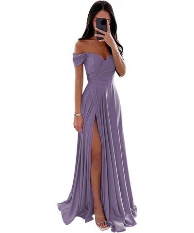 Off-Shoulder Prom Dresses Satin - Bridesmaid Dresses Long Ruched Formal Dress with Slit Wisteria $23.46 Dresses