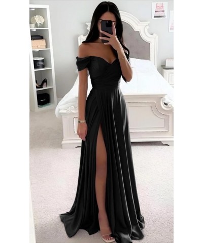 Off-Shoulder Prom Dresses Satin - Bridesmaid Dresses Long Ruched Formal Dress with Slit Wisteria $23.46 Dresses