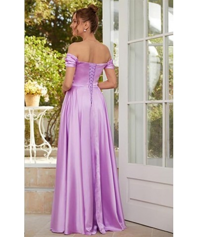 Off-Shoulder Prom Dresses Satin - Bridesmaid Dresses Long Ruched Formal Dress with Slit Wisteria $23.46 Dresses