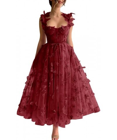 Tulle Tea Length Prom Dresses for Teens 3D Butterfly Lace Applique A Line Formal Evening Party Gown for Women Burgundy $25.60...