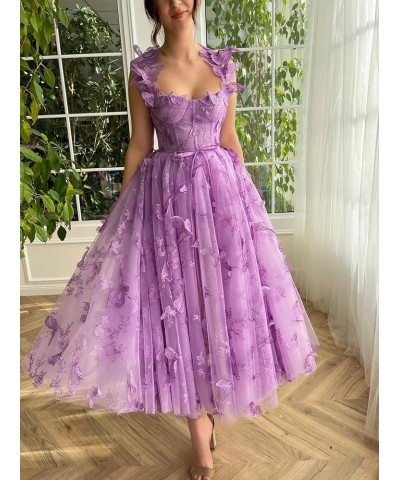 Tulle Tea Length Prom Dresses for Teens 3D Butterfly Lace Applique A Line Formal Evening Party Gown for Women Burgundy $25.60...