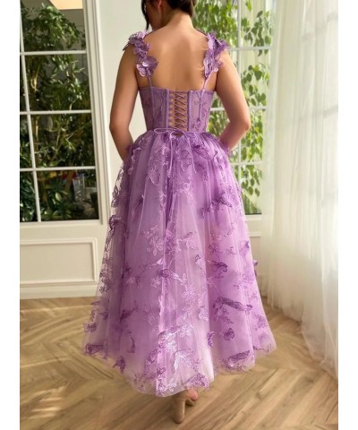 Tulle Tea Length Prom Dresses for Teens 3D Butterfly Lace Applique A Line Formal Evening Party Gown for Women Burgundy $25.60...