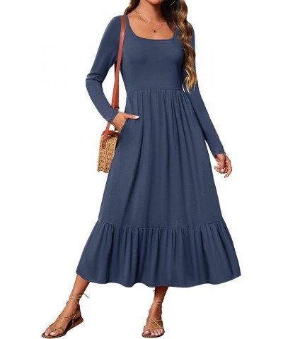 Women's 2024 Spring Dresses Long Sleeve Square Neck Summer Casual Swing Maxi Dress with Pockets Navy $20.39 Dresses