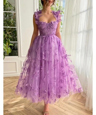 Tulle Tea Length Prom Dresses for Teens 3D Butterfly Lace Applique A Line Formal Evening Party Gown for Women Burgundy $25.60...